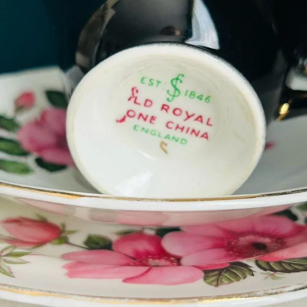 Vintage Old Royal England Pink Rose Porcelain Tea Cup Saucer Cake Plate Set